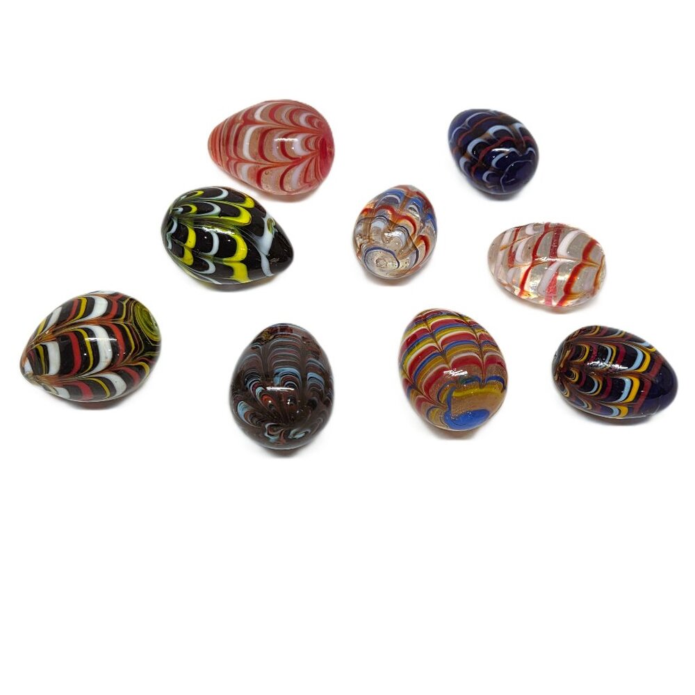 Vintage Art Glass Egg Lot x9 Set Swirl Hand Made Murano Style Easter Blue Black